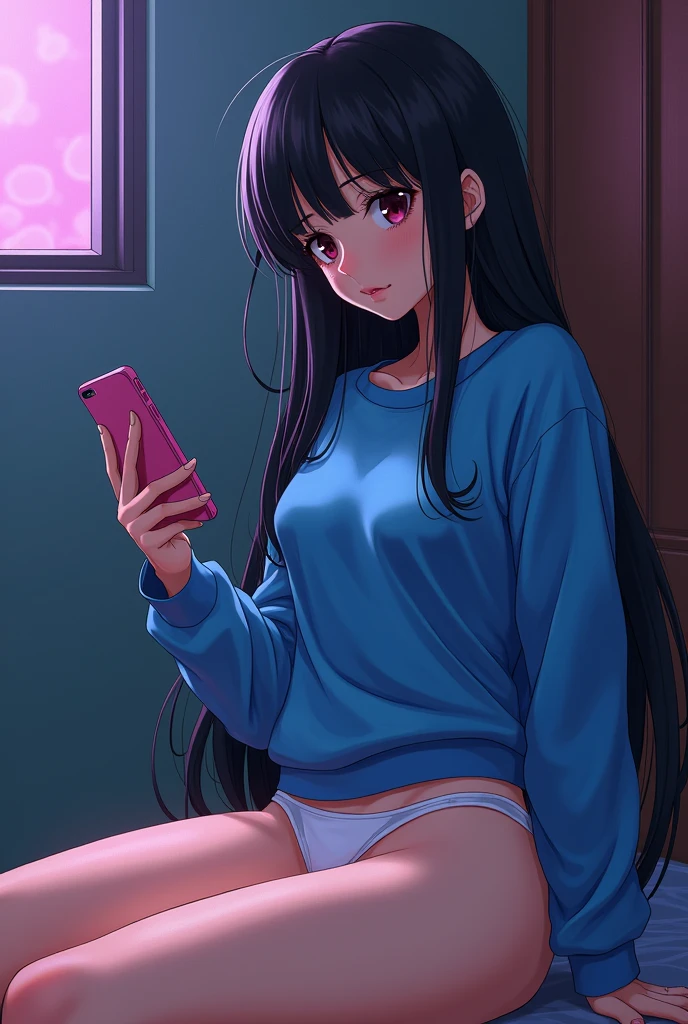 garota jovem, long black hair, golden skin, wearing blue sweatshirt, White-panties,  one hand on her panties, but female disturbance, other hand with smartphone, long legs, hentai drawing style, art style similar to neon genesis evangelion 