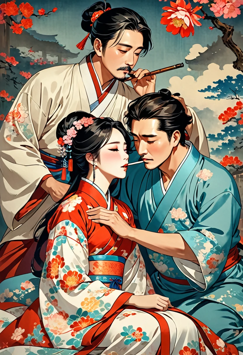 A man makes a beautiful woman in a Chinese dress hold a pipe in her mouth、They are forcing people to smoke opium.。She was drowsy from the effects of opium.、I'm fainting。Her whole body was weak.、Leaning on the man、She is at the mercy of the man。The man was stalking this drugged beauty.、He&#39;s about to rape me。