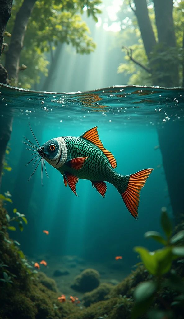 Catfish has Pakistan flag on her skin in Sea surrounding by trees 8k resolution