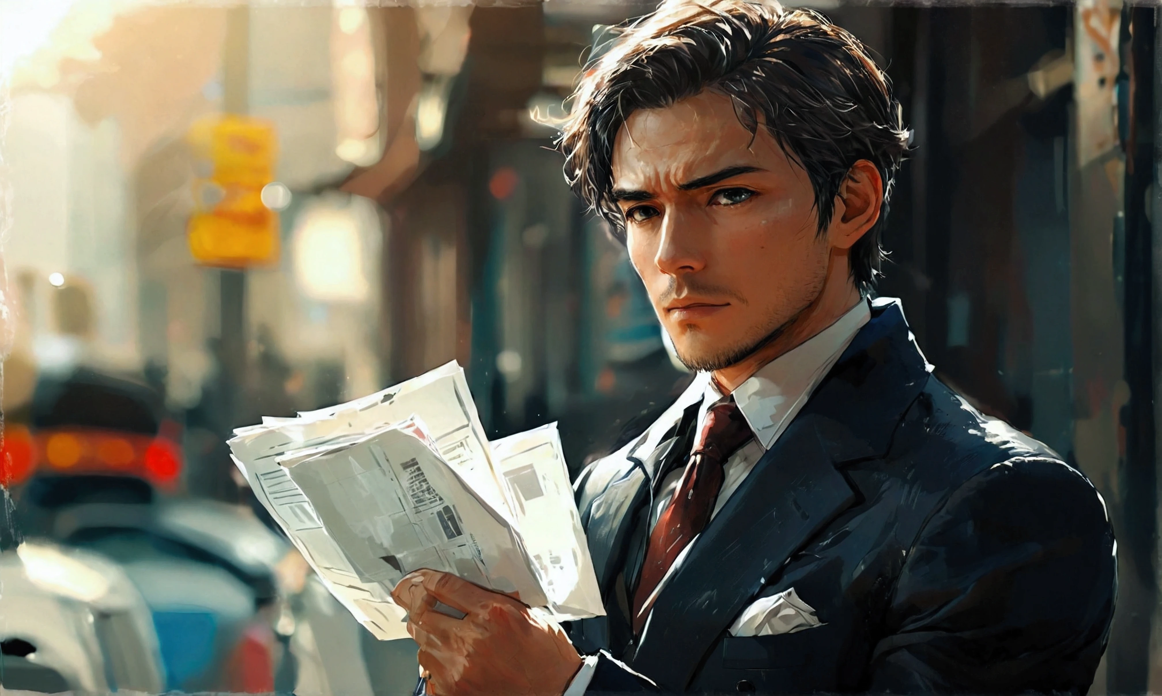 a man in a suit with several papers in his hand, man in a suit, papers in his hand,manga style art,manga style art