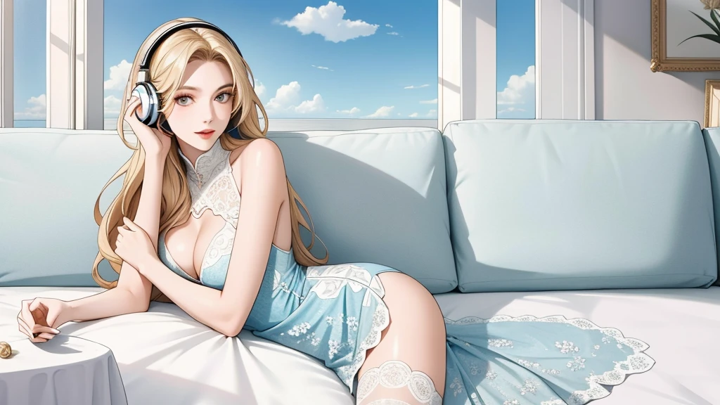 ((masterpiece, best quality)), (((masterpiece, best_quality, highest quality))), (perfect detail, perfect skin:1.2),(highres), original,extremely detailed 8K wallpaper,(an extremely delicate and beautiful),incredibly_absurdres, intricate detail, distinct_image,extremely intricate,(detailed skin:1.3) , best quality:1.2, High definition, intricate details, finely detailed, beautiful detailed, high detailed skin, ((glossy skin)), shiny skin, (white skin:1.3), (pale skin:1.3),(natural light, ray tracing, volumetric light), (top quality), (golden-ratio face, perfect proportioned face, perfectly beautiful:1.3), (peer proportional face), (peer proportional body, proportional awesome body:1.3), parted lips, ((presenting)), (perfect anatomy, correct limb, correct finger), ((looking at viewer, eye contact)),((eye contact)), (cowboy shot:1.3), 1girl read a love letter under sunshine,morning,light smile,headphones,white cloth,seaside,highest quality, highest picture quality, face detail, full body image