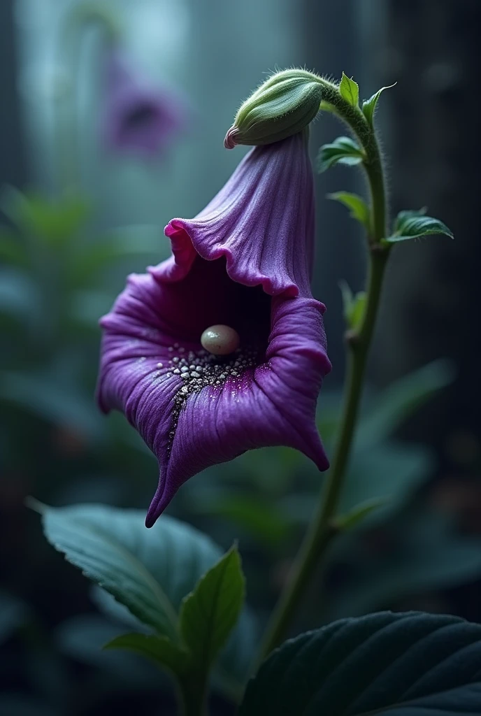 a deep purple flower with a bell-like shape and a highly toxic nectar