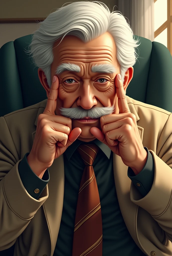 +_+, (An 80-year-old man with nasolabial folds on his face: 1.3), white mustache, black suit, short white hair at the ends, long brown red tie, beige jacket, two fingers in front of his face, Werther&#39;s Original, sitting in the chair, bright eyes, morinaga, crying
