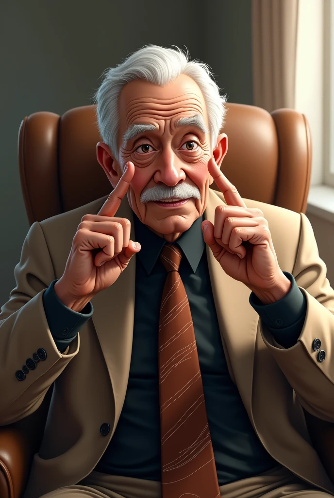 +_+, (An 80-year-old man with nasolabial folds on his face: 1.3), white mustache, black suit, short white hair at the ends, long brown red tie, beige jacket, two fingers in front of his face, Werther's Original, sitting in the chair, bright eyes, morinaga, crying