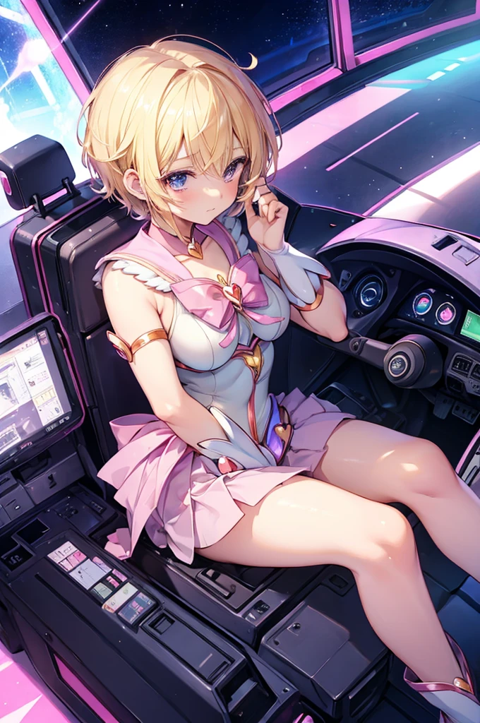 (((magical girl))), solo, blond, short cut, breast, cockpit, device