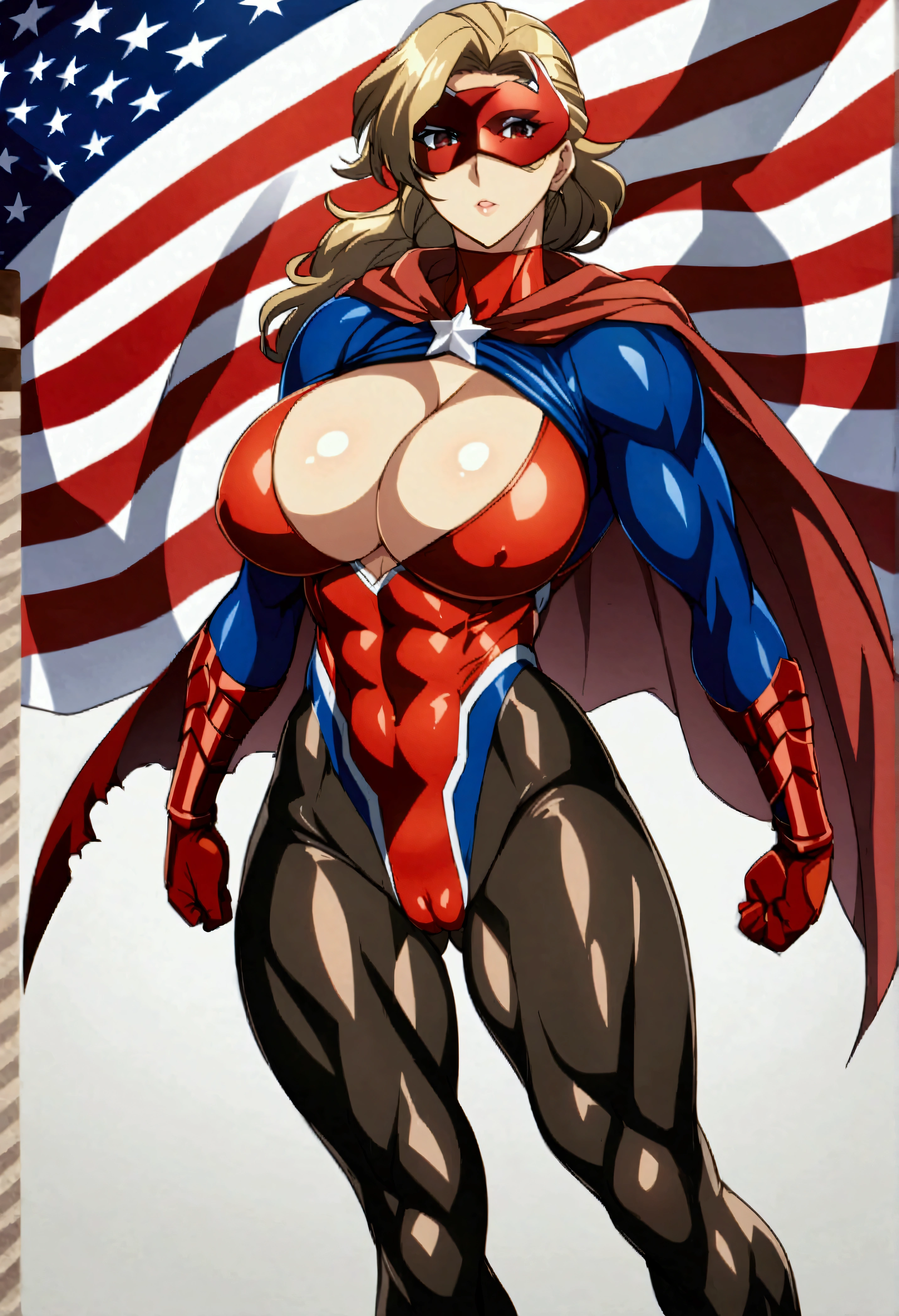 solo、Ｎor.1 Female Hero、Kathleen Bate、One girl、Large Breasts、Round Breasts、Full Body Shot、Source Anime、foot、One person、Single character、The only character、No other characters。Toned body、Proud。Superhero、Cape、Bodysuits、United States Flag、mask、Muscular、Cameltoe、Torn clothes、Under the chest、Cleavage、tight。