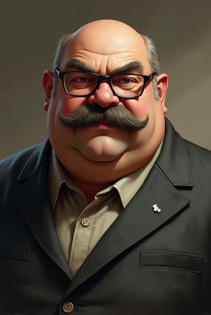 A 50 year old fat man. His height is short. He is bald. He has a big moustache. He has no beard. He wears a specs
