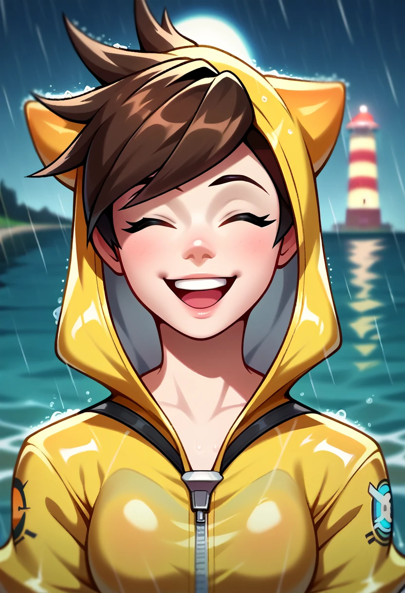 score_9, score_7_up 1girl, solo, (tracer \(overwatch\)):0.8, raincoat, goggles, rain, depth of field, lighthouse, portrait, happy, excited, closed eyes, ocean