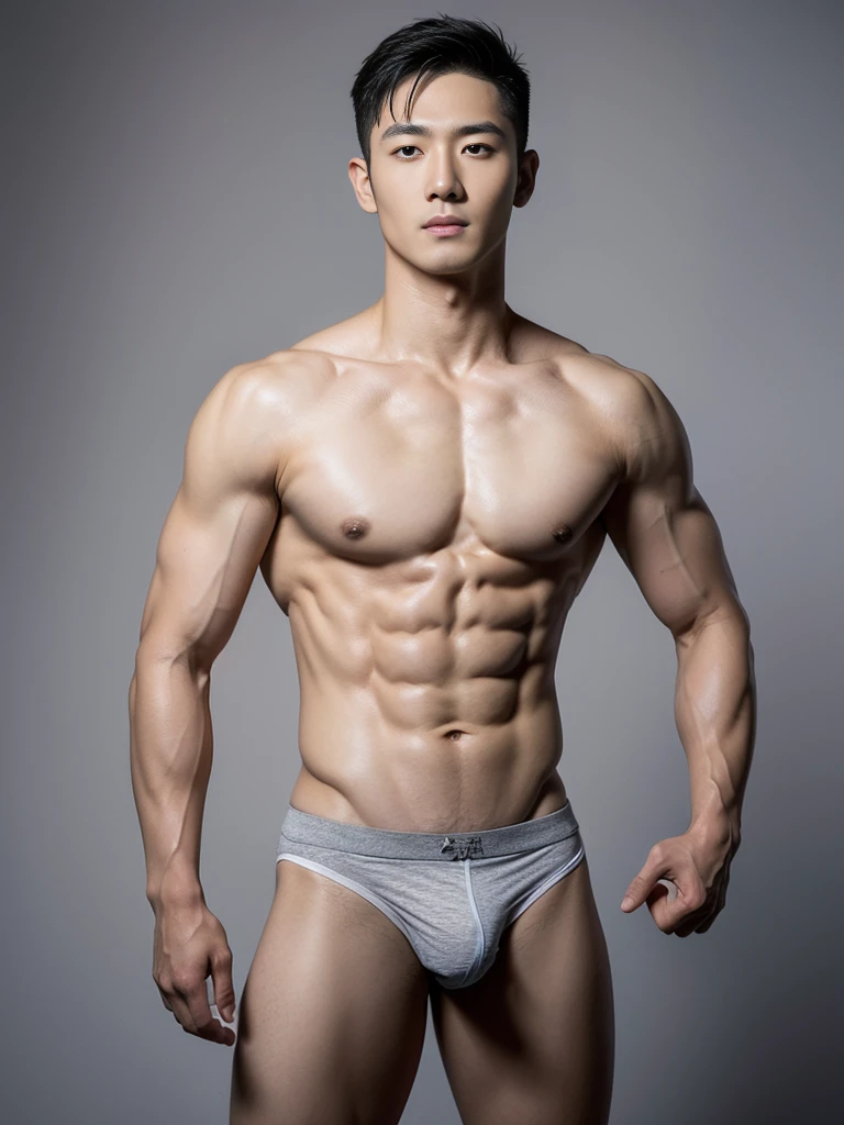 Chinese male actor in a briefs, handsome Chinese guy, handsome man, Full Body Shoot, photoshoot, portrait, look at camera, detailed facial parts, Manly, Charmer, Active Boy, standing, top tied up with rope, rope bondage, strangled with rope, harness, wrapped in leather straps, anguished expression, perfect anatomy, symmetric body, asian boy 30years old, shirtless :: high detail, asian, a little six packs attractive body, realistic, human skin, Short Hairstyle, handsome chad chin, shirtless, handsome, attractive, slightly muscular man, masculine, sexually attractive, human skin, (eyes contact), Handsome, Attractive, bulge in briefs, The crotch is raised