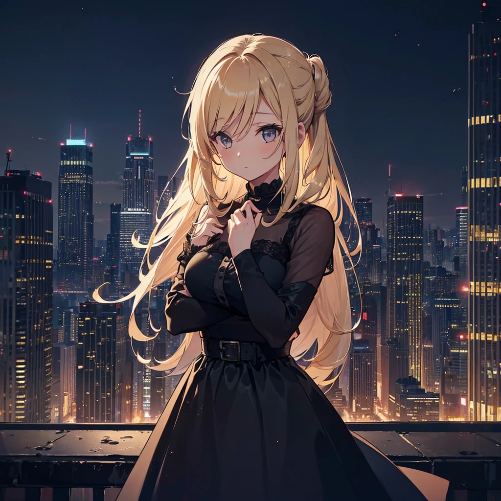 ((1Girl)),((28 years old)), ((Softly pinned Half Up do)), Blonde hair, Exaggerated Body, Sexy, Black Dress,((city background))