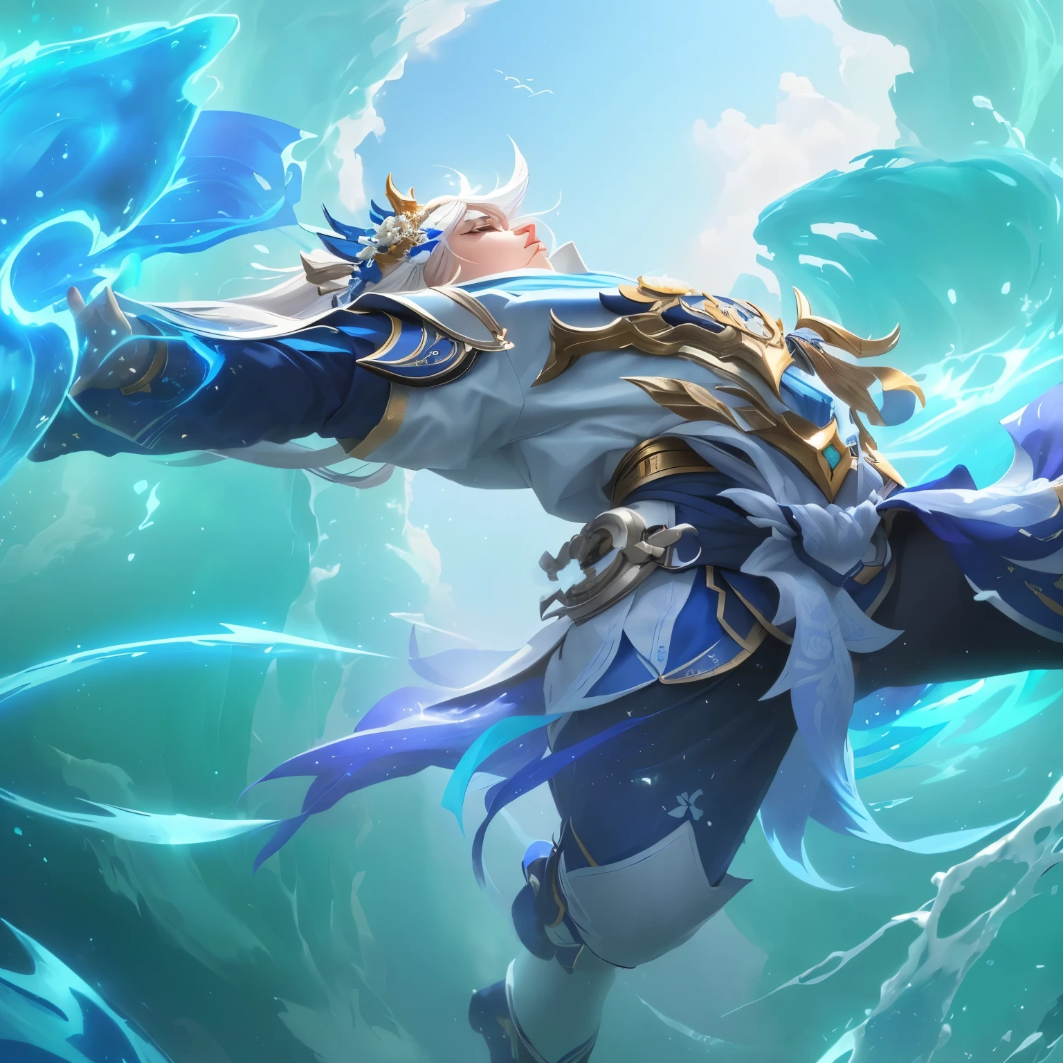 a close up of a person in a blue and white outfit, inspired by Huang Shen, heise jinyao, inspired by Shen Zhou, Big time, inspired by Li Kan, inspired by Dai Jin, splash art, inspired by Shen Quan, inspired by Du Jin, mobile legends, keqing do impacto genshin, Inspired by Wen Zhengming, Glace