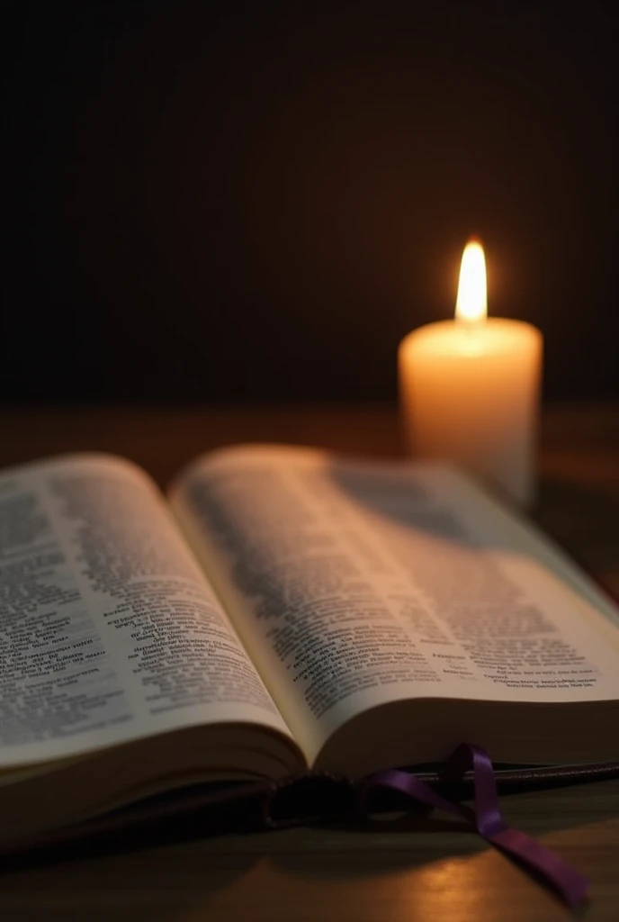 An open bible and a lit candle next to it.