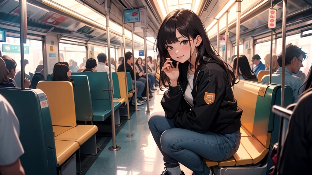 (8k, RAW photos, 最good quality, masterpiece:1.2), good qualityのRAWカラー写真, Professional Foto-Shooting, cinematic light, alone, (((young woman, Girl))), (Sharp features), (small face), (Skin with attention to detail:1.2), Collarbone, cute face, beautiful appearance, longeyelashes,Girl dreht sich um, smile, (Brown hair, Long straight line), Jersey, Grey denim mini skirt, sneakers, backsack, Night park, self-confident attitude, Capture the happy moment, Artistic painting,Attractive thighs, (Very nice gesture:1.2),はにかんだsmile), peaceful atmosphere, Oil painting style, bright colors, (In a crowded train, Full body portrait), Smooth texture, Looking eyes, Nice skin, glowing skin, ((perfect fingers, five fingers, anatomically correct)), backdropunschärfe, good quality, surreal, ((Very detailed, Foto-Shooting)),Many people々、blush、roundish、((blowjob))、Lick、front view、squat、((Sit down on a seat on the train))、Touch your smartphone、View smartphone、Look down、Inner thighs outside,((Night vision)),(Cyberpunk-Nachtstraße-backdrop: 1.5,Dark sky,alleywayway, alleyway,thick clouds,detaillierter backdrop:1.25),
(best quality),(High resolution),(keen focus),(extremely detail),(extremely detail),(Extremely high-quality works of art),8k_backdrop,(extremely detail CG 8k),(very nice 8K CG),((hyper super extremely detail perfect piece)),flawless,(((masterpiece))),Illustration,bright colours,(complicated),high contrast,Selective lighting,Double jeopardy,HDR (High Dynamic Range),Post processing,Hin