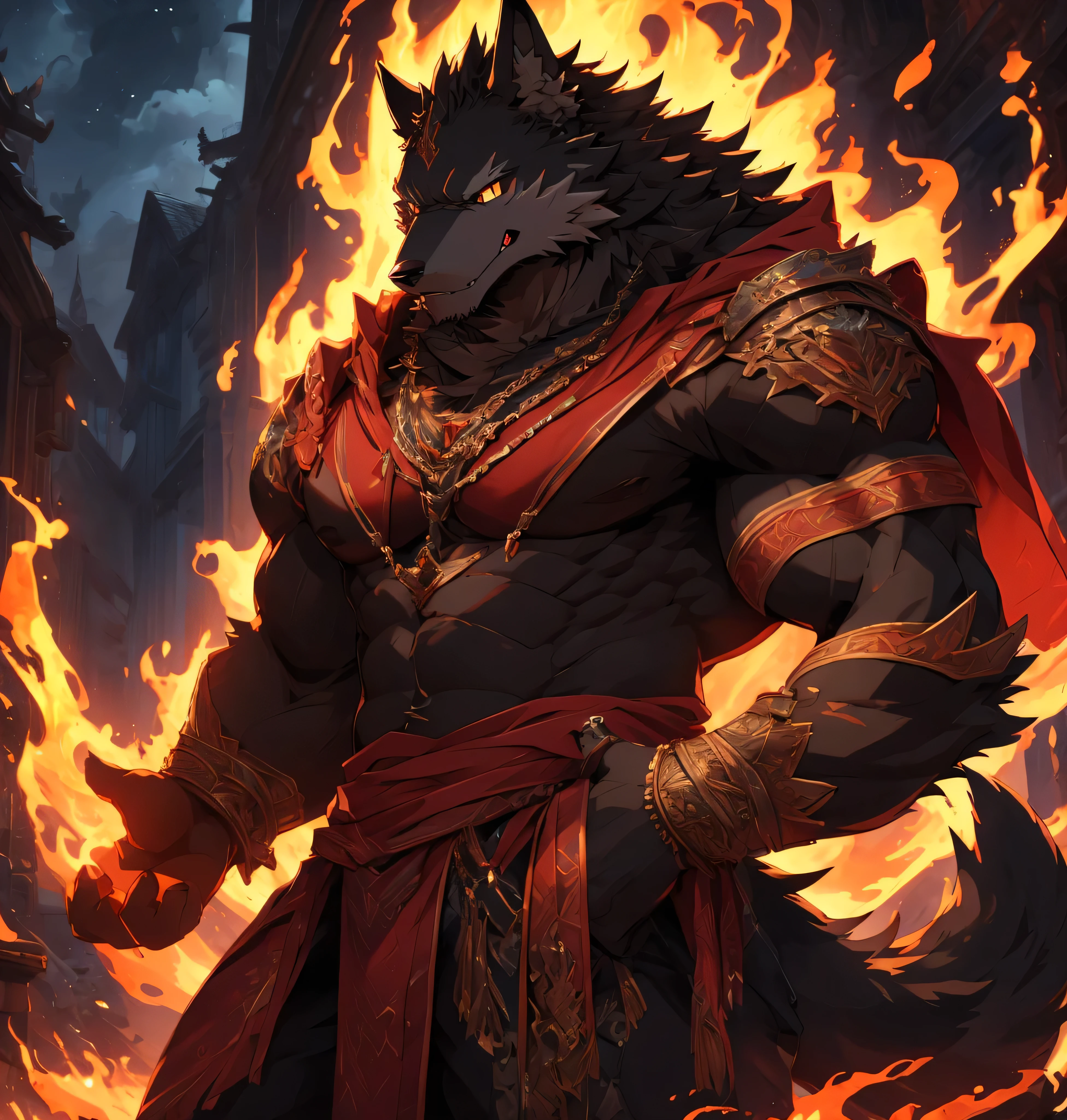 (masterpiece)，(Very detailed)，(best quality)，8K，(high quality)，(Ultra high quality)，(Super detailed)，，black Demon wolf，muscular，Furry Characters，，，Best image quality，judgmental look，Eyes Details，masterpiece，Meticulous facial details, Fire around, staying, hell, 