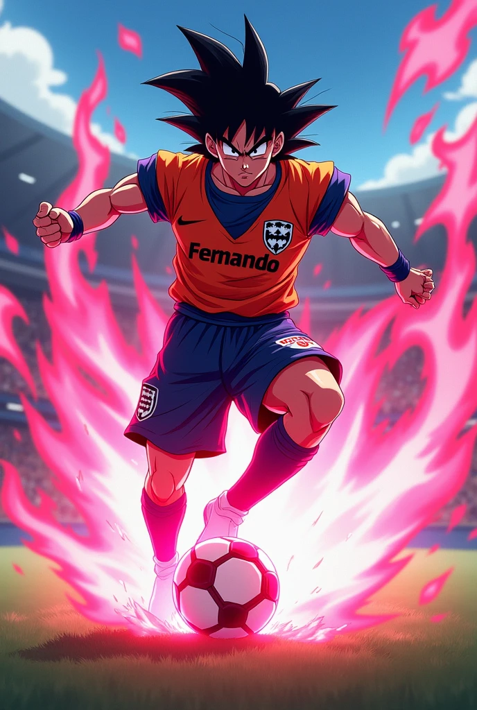 Create an image of Goku anime dragon ball as a professional soccer player, kicking a ball with pink flames, that has Fernando's name written on his football shirt
