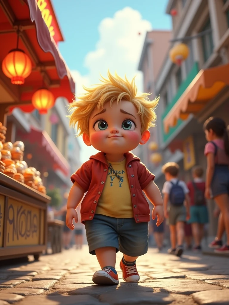  boy, blonde hair color, chubby and overweight, walking on a street, eyes glowing, looking at a food stall