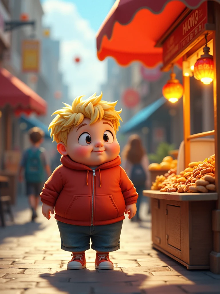 10 year old boy, blonde hair color, chubby and overweight, walking on a street, eyes glowing, looking at a food stall
