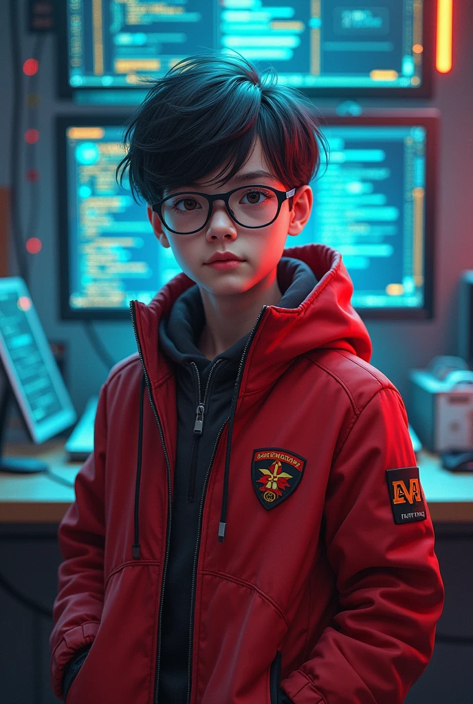 A  boy wearing red jacket with spectacles with hacker background and written captain
