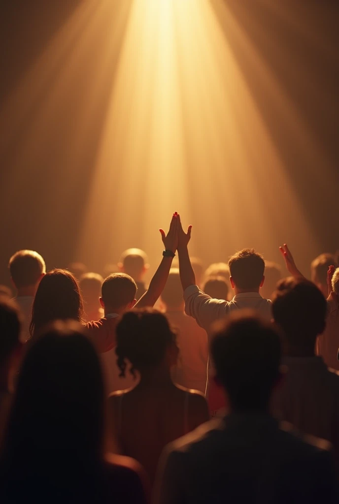 Create a realistic image of a group of people gathered in prayer, surrounded by a peaceful and warm atmosphere. The setting is a serene, softly lit room with a subtle glow illuminating their faces. The people have their heads bowed and hands joined, conveying a deep sense of gratitude and reverence. Above them, a soft, radiant light symbolizes the presence of God's goodness and greatness, adding a divine ambiance to the scene. The overall mood is one of unity, worship, and heartfelt praise
