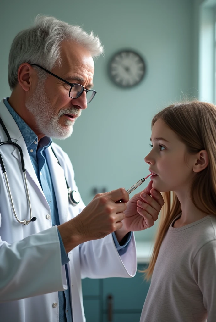 A men doctor check fever the Girls which age is 12 with
old thermometer
