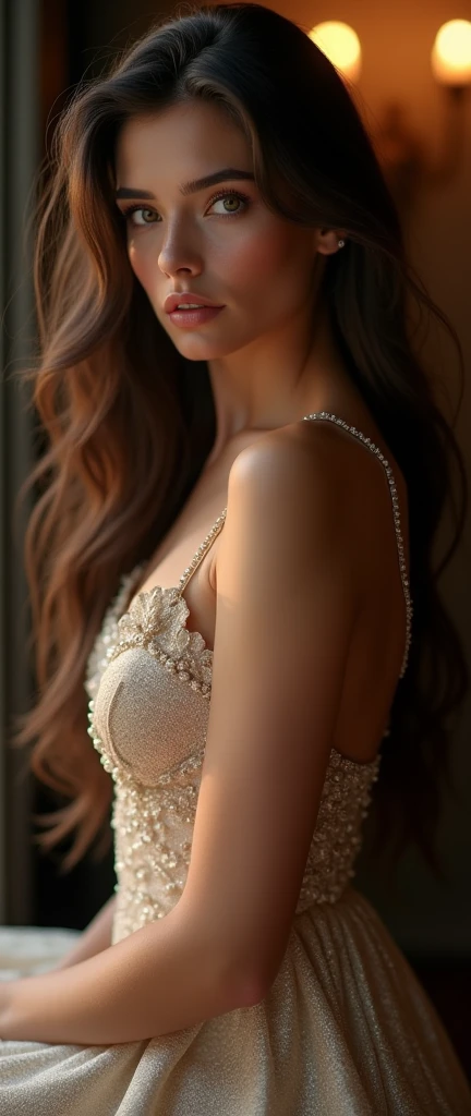 a beautiful young woman, detailed realistic portrait, beautiful eyes, full lips, flawless skin, long flowing hair, sensual expression, seductive pose, elegant evening gown, shimmering fabric, dramatic lighting, cinematic composition, photorealistic, 8k, (best quality,4k,8k,highres,masterpiece:1.2),ultra-detailed,(realistic,photorealistic,photo-realistic:1.37)