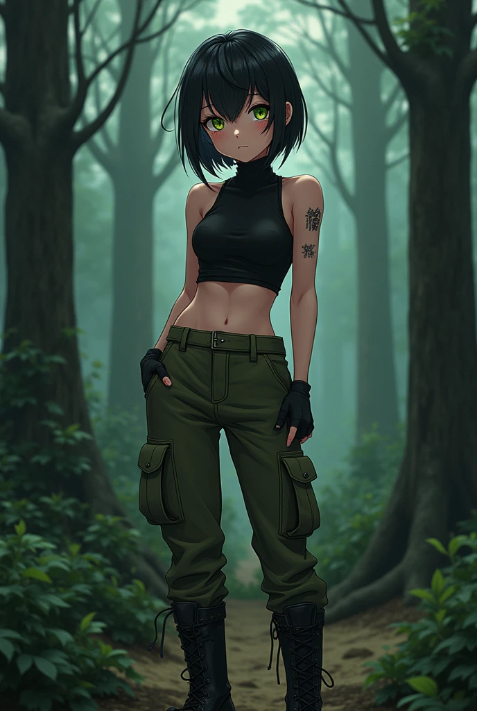 Anime girl, short black hair, small mullet, olive-green eyes, black tight fitting crop-top, olive-green parachute pants, black combat boots, dark forest background