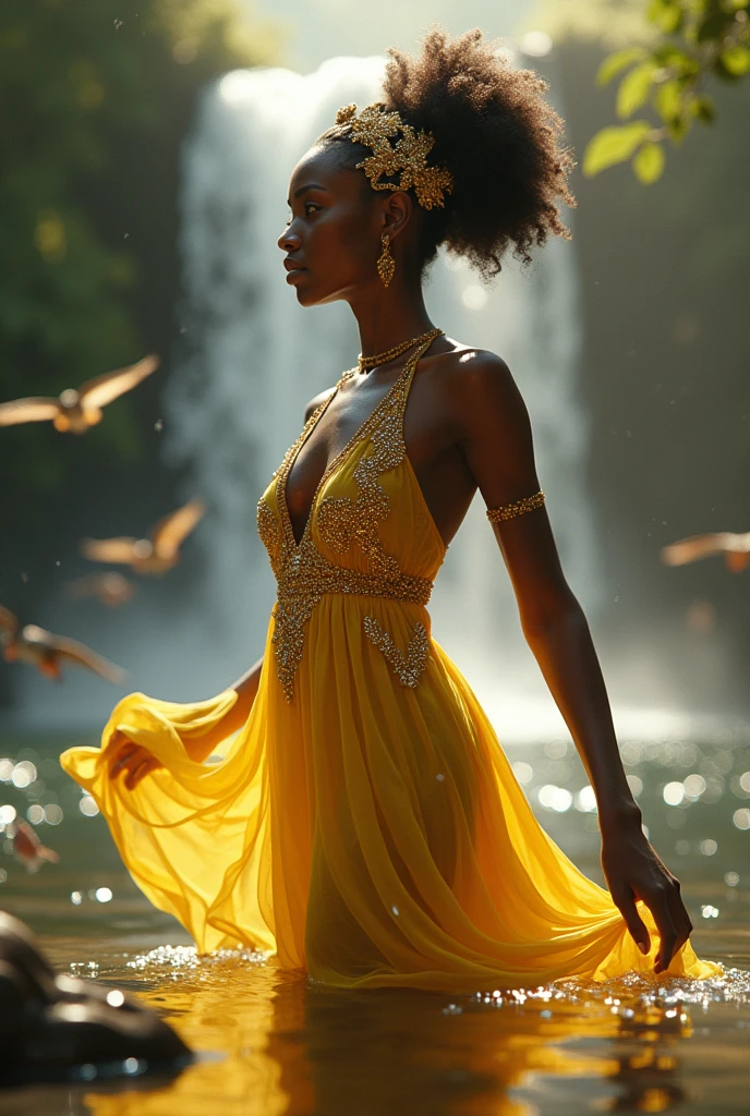 Create an image of the Afro-Brazilian orixa Oxum with a yellow dress embroidered with golden rhinestones bathing in the river with a waterfall behind , birds flying and fish jumping from the water