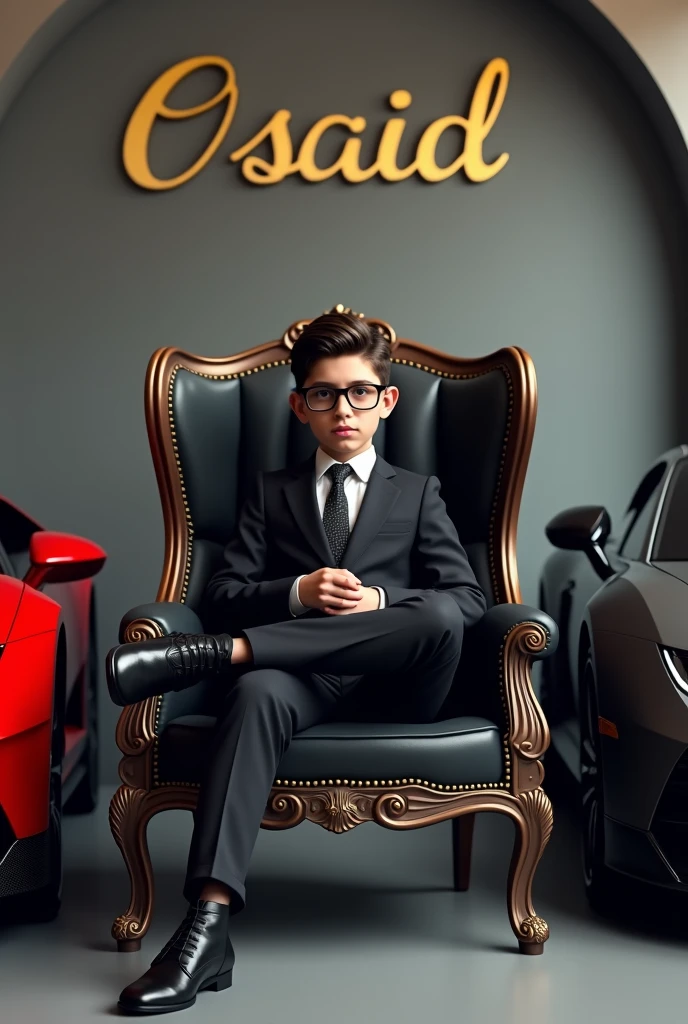 A with a black suit and glasses sitting on a king chair with attitude having leg on other leg having lamborghini and bughati on their side with the gray wall written Osaid on the wall of curve style back ground looking at the camera ultra realistic image