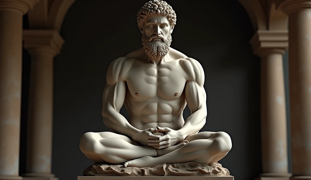 Create a detailed image of a full-length statue of Epictetus, representing an ancient philosopher or scholar in a contemplative, meditative pose. The statue should feature a muscular build with strong arms and a thick beard, embodying deep thought and tranquility. The facial expression should be expressive, with deep-set eyes suggesting concentration or reflection, and the overall statue should convey an air of wisdom and experience. The statue should be modeled in a classical Stoic style, without drapery or costume.
The setting should include a dark background with architectural elements such as arches and columns, suggesting an interior of historical significance, such as a temple or museum. The lighting should be dramatic, focused on the statue to highlight its details and create a strong contrast with the background. Incorporate subtle gold accents to enhance the sculptural details and emphasize the contemplative mood. The image should be rendered in 8k resolution with cinematic backlighting and a refined matte painting style, showing the full body with variations in different meditative poses. The background should be a blurred ancient Greek scene reminiscent of Caesar's time, rendered in 4k resolution with a high level of detail.