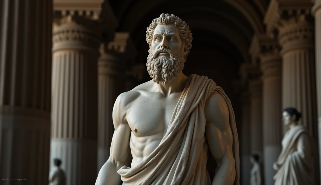 Create a detailed image of a full-length statue of Epictetus, representing an ancient philosopher or scholar in a contemplative, meditative pose. The statue should feature a muscular build with strong arms and a thick beard, embodying deep thought and tranquility. The facial expression should be expressive, with deep-set eyes suggesting concentration or reflection, and the overall statue should convey an air of wisdom and experience. The statue should be modeled in a classical Stoic style, without drapery or costume.
The setting should include a dark background with architectural elements such as arches and columns, suggesting an interior of historical significance, such as a temple or museum. The lighting should be dramatic, focused on the statue to highlight its details and create a strong contrast with the background. Incorporate subtle gold accents to enhance the sculptural details and emphasize the contemplative mood. The image should be rendered in 8k resolution with cinematic backlighting and a refined matte painting style, showing the full body with variations in different meditative poses. The background should be a blurred ancient Greek scene reminiscent of Caesar's time, rendered in 4k resolution with a high level of detail.