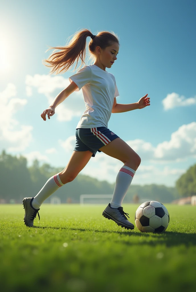 a girl playing soccer in a field, beautiful detailed eyes, beautiful detailed lips, extremely detailed eyes and face, long eyelashes, athletic, dynamic pose, running, kicking soccer ball, green grass field, blue sky, clouds, sunlight, mist, (best quality,4k,8k,highres,masterpiece:1.2),ultra-detailed,(realistic,photorealistic,photo-realistic:1.37),sports photography,vibrant colors,natural lighting