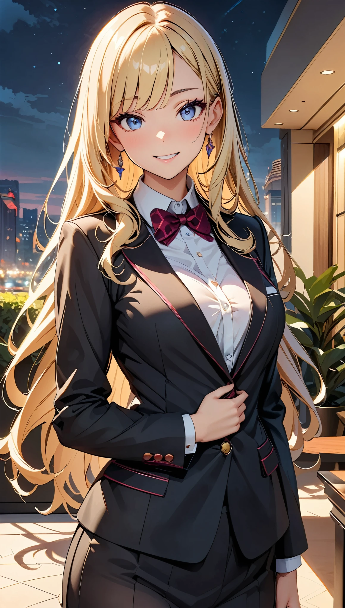 (Highest quality:1.2, Attention to detail, masterpiece:1.2, Best aesthetics), (1 girl), Cowboy Shot, ((Hotel front desk uniform, Concierge:1.2, Sleek design, A symbol of hospitality)), (Blonde, Long Hair, Asymmetrical bangs, Light blue eyes), 美しいAttention to detail目, Beautiful lip detail, Highly detailed face, Detailed Fashion, elegant, luxury, High quality fabric, smile, Hotel front desk work, Hotel Background, night, Dramatic lighting, Cinematic, Bright colors, Intricate details, Chiaroscuro lighting.