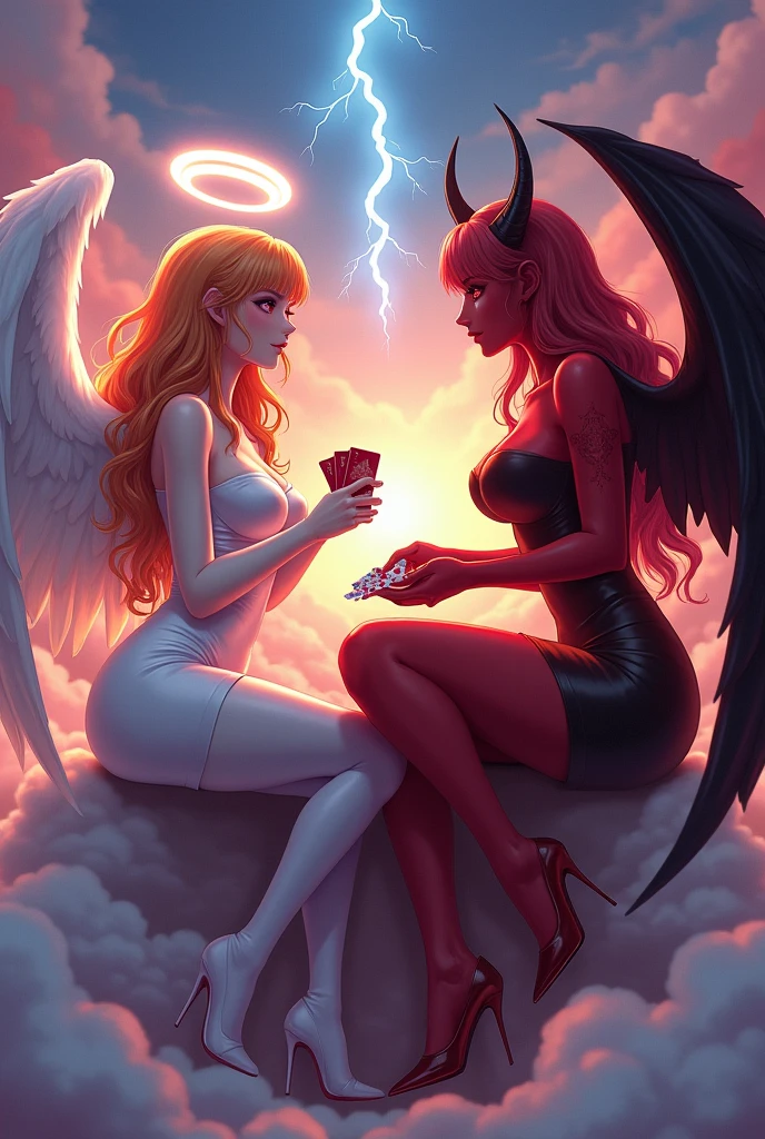 Demon beautiful girl, naked body, red stocking on, red high hells, demonic tail, big breasts, kissing stunning angel girl, naked body, angel wings, white stockings, blonde, round breasts, full body, lay on a bed, clouds all around, realistic, 4k realistic, oiled up body