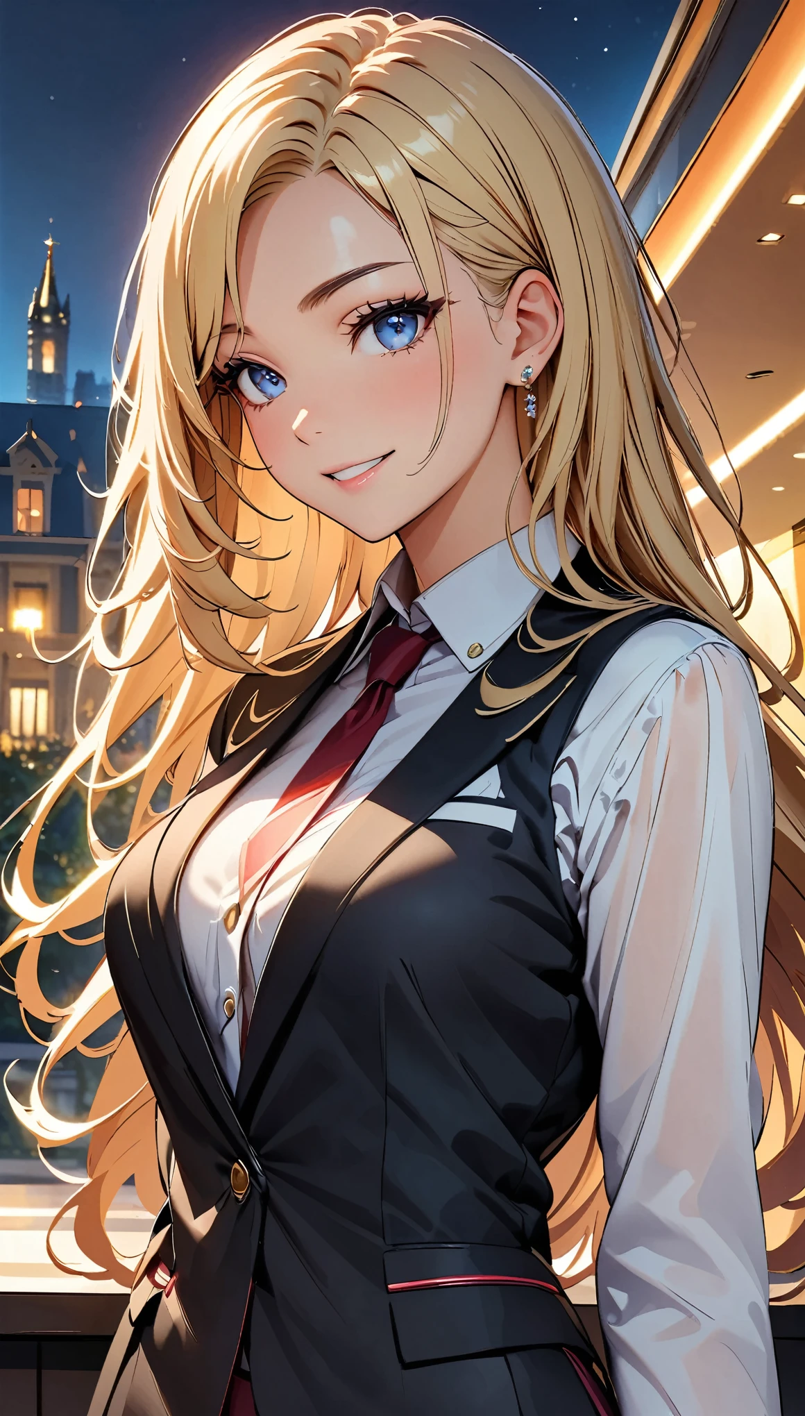 (Highest quality:1.2, Attention to detail, masterpiece:1.2, Best aesthetics), (1 girl), Cowboy Shot, ((Hotel front desk uniform, Concierge:1.2, Sleek design, A symbol of hospitality)), (Blonde, Long Hair, Asymmetrical bangs, Light blue eyes), 美しいAttention to detail目, Beautiful lip detail, Highly detailed face, Detailed Fashion, elegant, luxury, High quality fabric, smile, Hotel front desk work, Hotel Background, night, Dramatic lighting, Cinematic, Bright colors, Intricate details, Chiaroscuro lighting.