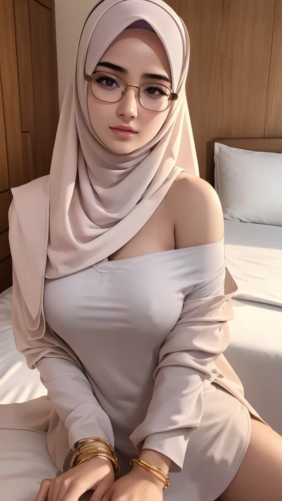 A beautiful high school glasses Arabian girl model, white skin, sharp nose, thin lips, circle face, slender body, tight bra, voluptuous breast, off shoulder, wear hijab, arm sleeve, golden bangles, bracelets, necklaces, swiss polo watch, in nurse uniform, body massage, massage room, bed, night, breastfeeding moms, hot, milking, baby, detailed squinting eyes, detailed horny face,(best quality,4k,8k,highres,masterpiece:1.2),ultra-detailed,(realistic,photorealistic,photo-realistic:1.37),studio lighting,extreme detail description,vivid colors