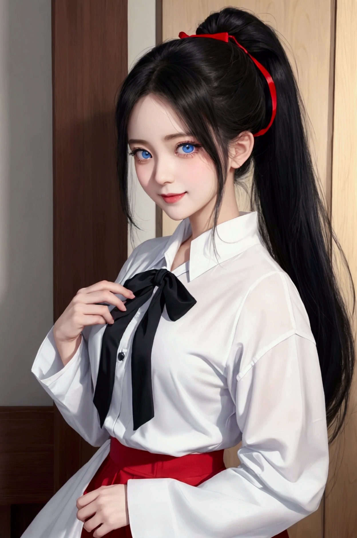 「A female character with black hair and a ponytail。Blue eyes、have big eyes。She is wearing a white blouse with a red ribbon、Short skirt。The face is smiling。Style『魔法少女まどか☆マギカ』With a realistic art style similar to、Use warm tones in your colors。」