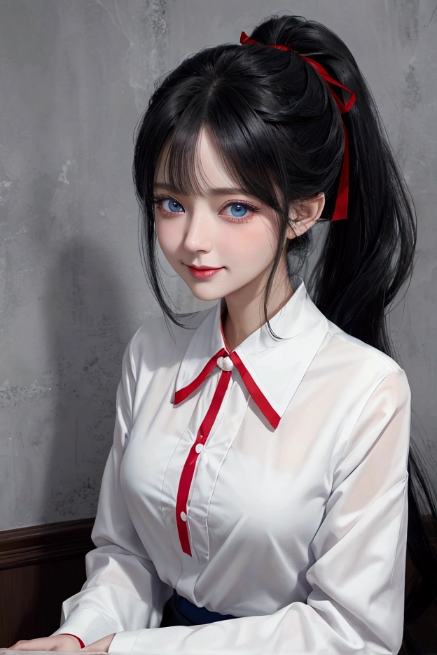 「A female character with black hair and a ponytail。Blue eyes、have big eyes。She is wearing a white blouse with a red ribbon、Short skirt。The face is smiling。Style『魔法少女まどか☆マギカ』With a realistic art style similar to、Use warm tones in your colors。」