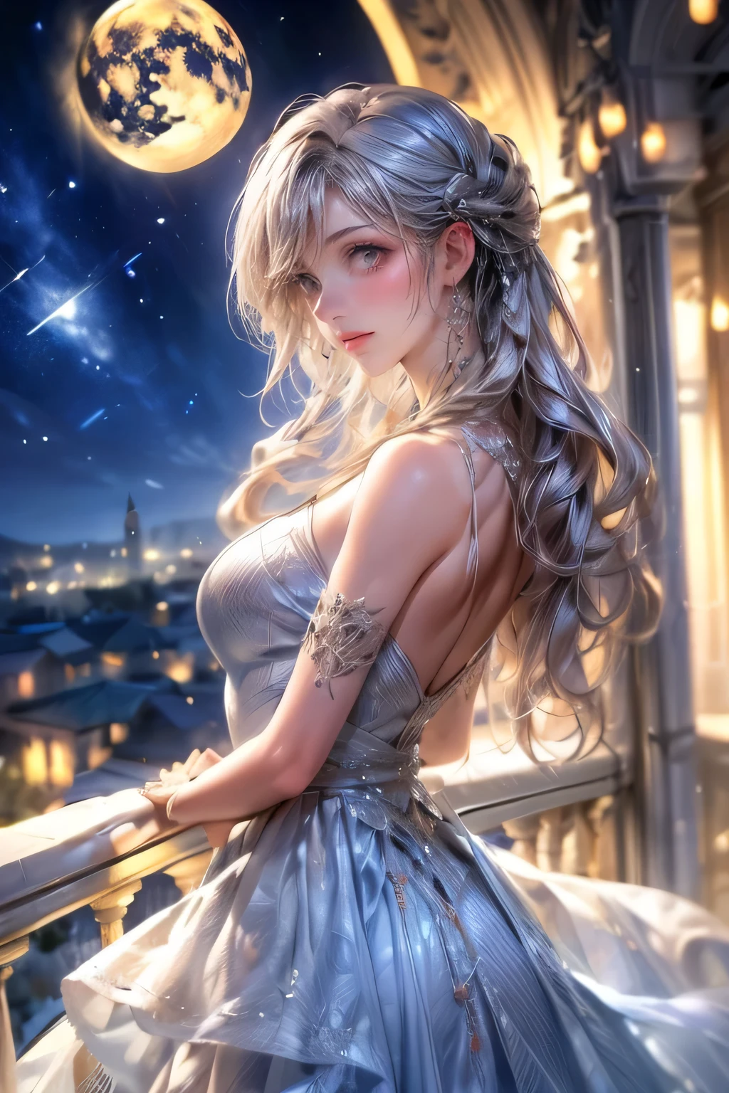 a girl with long white hair and long dress standing on a balcony, 1girl, solo, long hair, blue eyes, moon, night, sky, dress, looking at viewer, full moon, jewelry, earrings, white dress, breasts, blush, parted lips, bangs, night sky