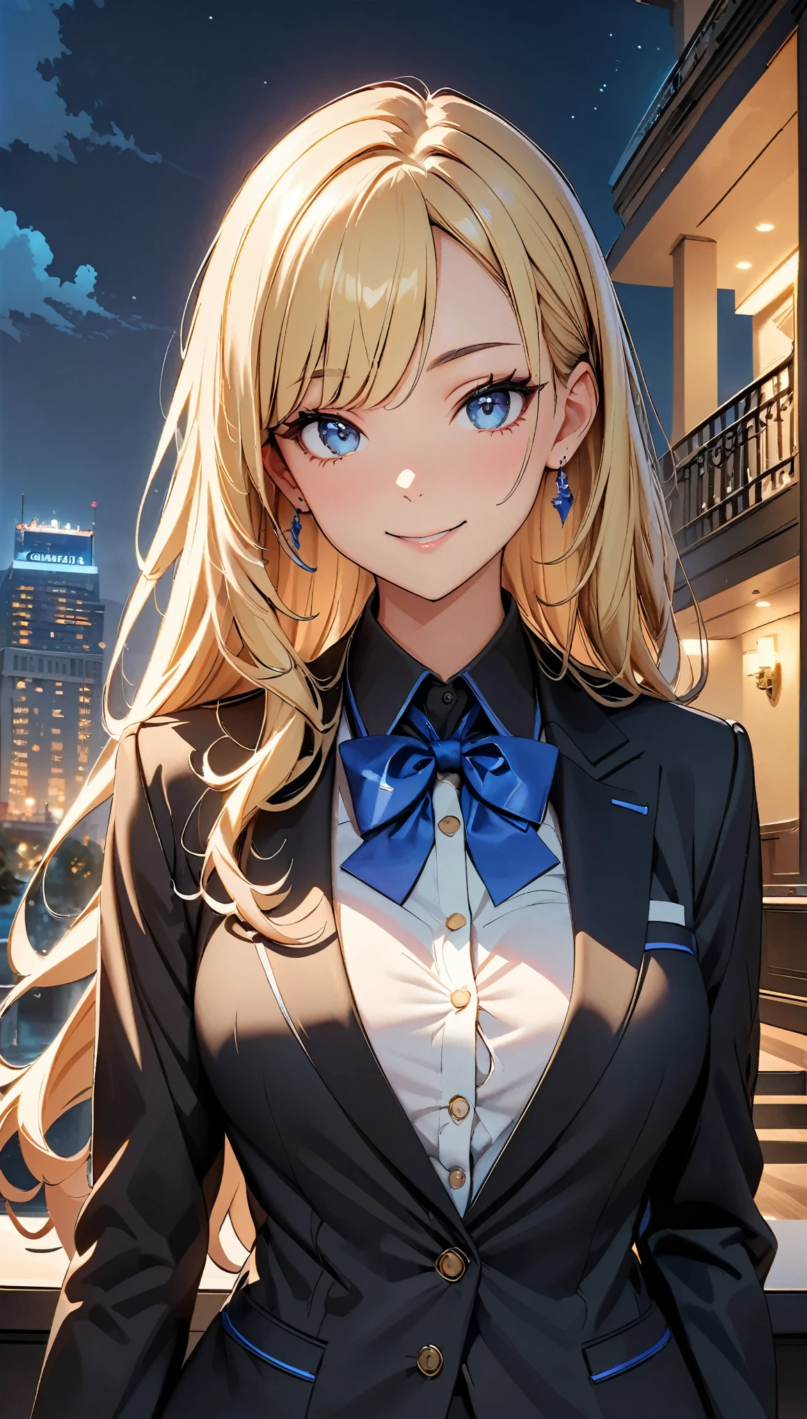 (Highest quality:1.2, Attention to detail, masterpiece:1.2, Best aesthetics), (1 girl), Cowboy Shot, ((Hotel front desk uniform, Concierge:1.2, Sleek design, A symbol of hospitality)), (Blonde, Long Hair, Asymmetrical bangs, Light blue eyes), 美しいAttention to detail目, Beautiful lip detail, Highly detailed face, Detailed Fashion, elegant, luxury, High quality fabric, smile, Hotel front desk work, Hotel Background, night, Dramatic lighting, Cinematic, Bright colors, Intricate details, Chiaroscuro lighting. 