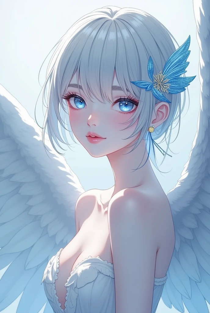 An illustration　androgynous person　Angel Wings　Her skin is white and her lips are pale pink　The eyes are light blue and clear.　Clothing that doesn&#39;t reveal much skin　Her hair is silver with some blue mesh　Do not look forward when looking from the side　