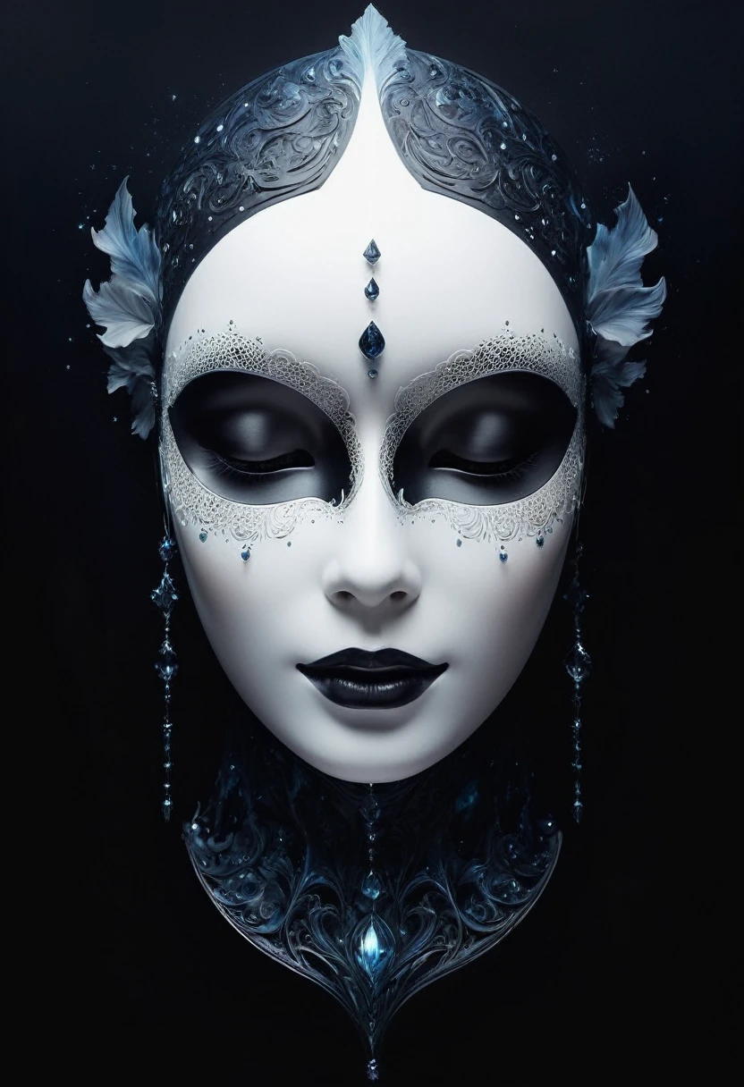 painting of a highest quality, digital painting, extremely Smooth, fluids, dream-like, Smooth, Sparkling, dream-like glow, Stylized color ink art by Anna Dittmann, Arthur Rackham, Wet black and white color inks line art dream-like feminine face mask, death mask, upper half of mask frontal with Smooth ceramic plastic surface, black canvas illustration, fractal style, ((floating mask)), ((Mask only)),center of cursive, symmetry, 4K modifier: 4K 3D, dark atmosphere, cinematic scene, volumetric lights, ultra realistic, in the style of nicola samori