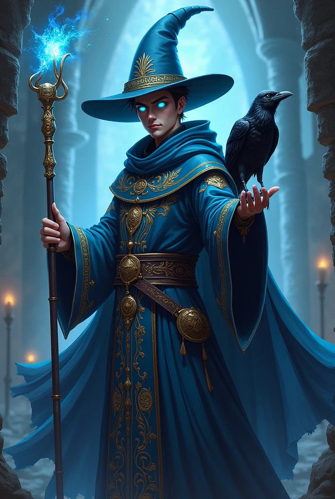 magician, male 25 years old, with a big, pointy hat, has colorful robes like the magic variations, with a staff and a raven, he has electric blue eyes 