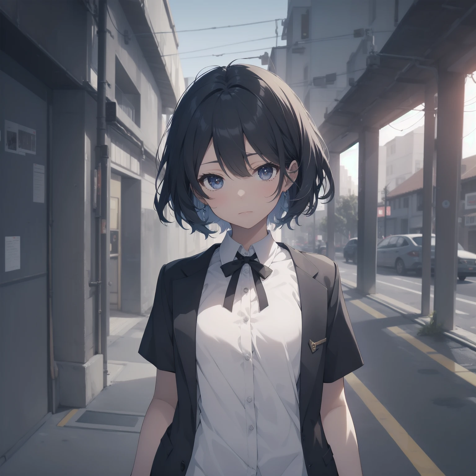 ultra-absurdres-Top quality by artist God, ultra-detailed, high resolution, anime moe artstyle, best anime 8k konachan wallpaper, pixiv contest winner, pool:2810, perfect anatomy,break, 1girl, (Please draw a girl walking sleepily to school alone. )break,(Solo,little female, 13-year-old:1.3),Full limbs, complete fingers,a junior high school student, (very short hair), short cut, flat chest, , small butt, small black eyes, beautiful detailed eyes, well-proportioned iris and pupils, expressive eyes, highres detailed hair, soft expression, salor school_uniform, sailor collar, serahuku, bow, pleated skirt,(Detailed Lighting), (Detailed background), in the School commute route. break,super detailed skin, Best cinematic lighting powered by famous artist, 8k,beauty illustration,photoshop_(medium),very aesthetic,break,((artist:yuureidoushi_(yuurei6214) )), artist:clamp ,artist:carnelian ,artist:kantoku ,