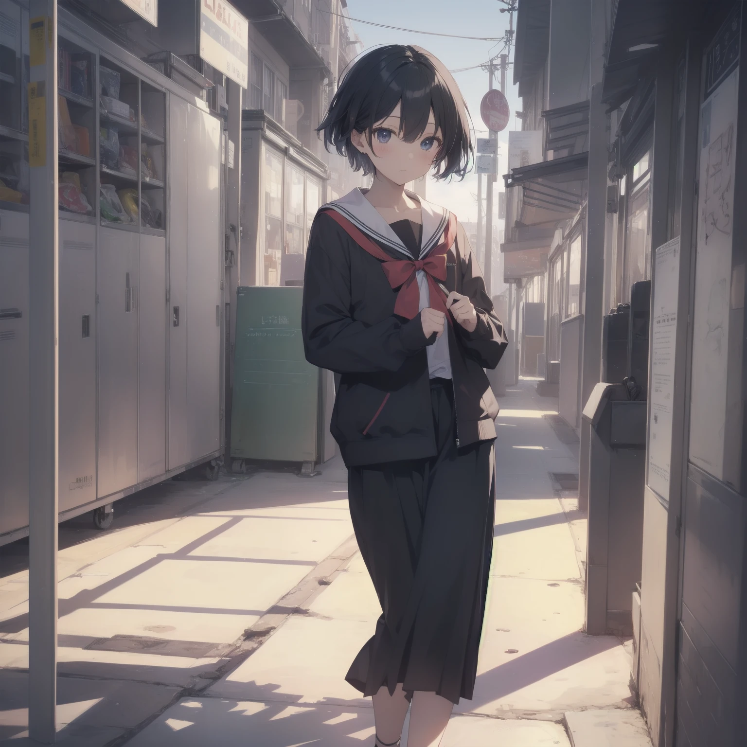 ultra-absurdres-Top quality by artist God, ultra-detailed, high resolution, anime moe artstyle, best anime 8k konachan wallpaper, pixiv contest winner, pool:2810, perfect anatomy,break, 1girl, (Please draw a girl walking sleepily to school alone. )break,(Solo,little female, 13-year-old:1.3),Full limbs, complete fingers,a junior high school student, (very short hair), short cut, flat chest, , small butt, small black eyes, beautiful detailed eyes, well-proportioned iris and pupils, expressive eyes, highres detailed hair, soft expression, salor school_uniform, sailor collar, serahuku, bow, pleated skirt,(Detailed Lighting), (Detailed background), in the School commute route. break,super detailed skin, Best cinematic lighting powered by famous artist, 8k,beauty illustration,photoshop_(medium),very aesthetic,break,((artist:yuureidoushi_(yuurei6214) )), artist:clamp ,artist:carnelian ,artist:kantoku ,