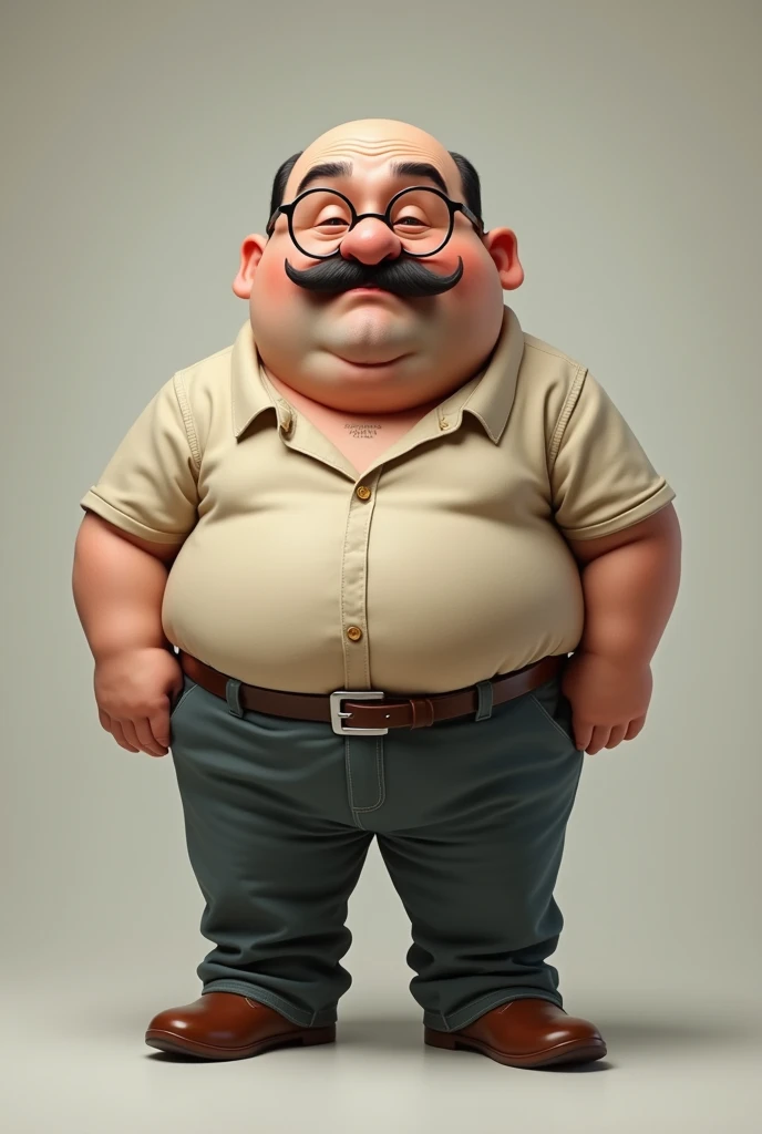A 50 year old fat man. His height is short. He is bald. He has a big moustache. He has no beard. He wears a specs. He wears shirt and pant. His full size picture from head to toe