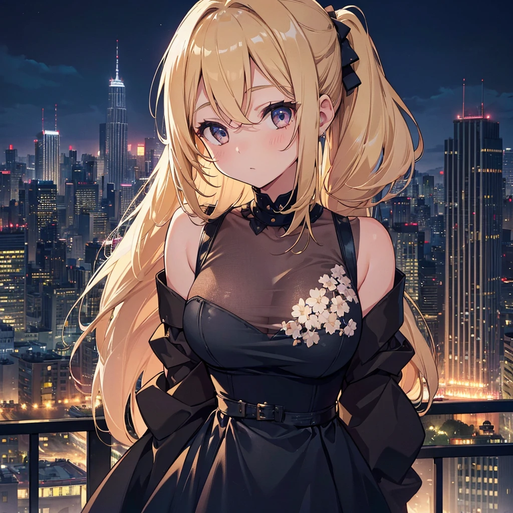 ((1Girl)),((28 years old)), ((Softly pinned Half Up do)), Blonde hair, Exaggerated Body, Sexy, Black Dress,((city background))