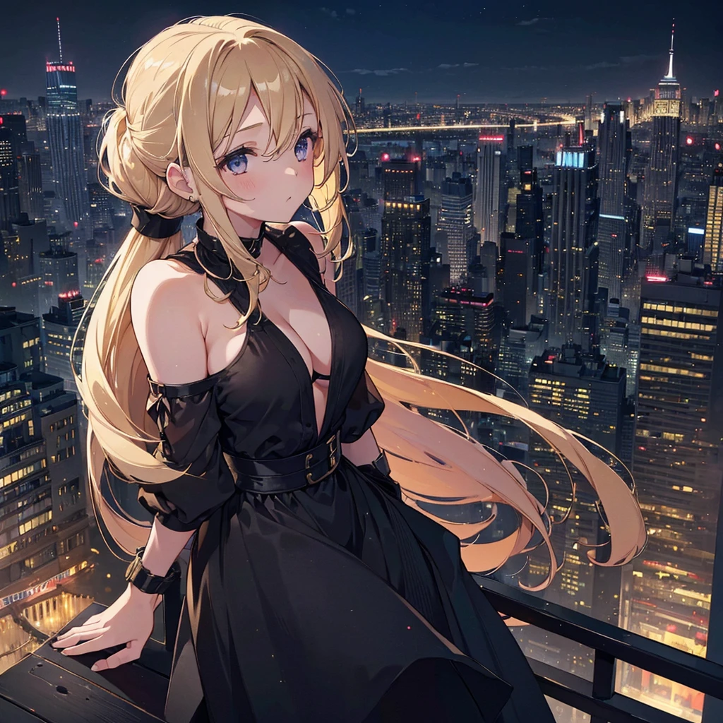 ((1Girl)),((28 years old)), ((Softly pinned Half Up do)), Blonde hair, Exaggerated Body, Sexy, Black Dress,((city background))