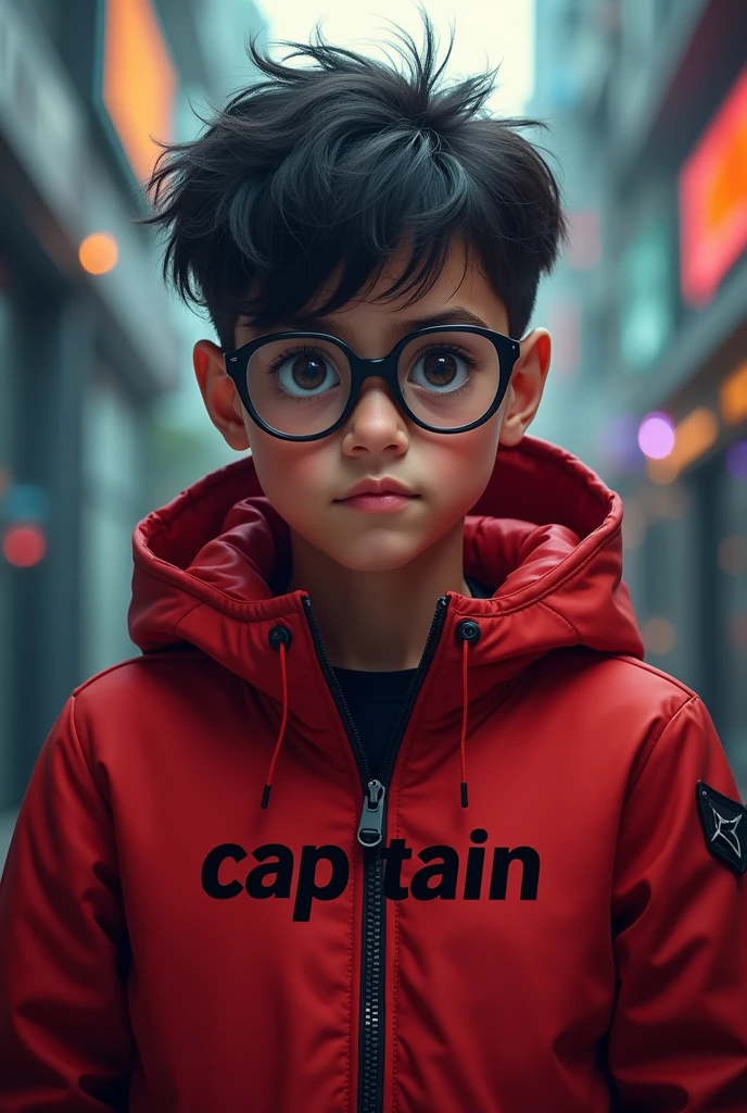 A young boy wearing red jacket with spectacles with hacker background and written captain