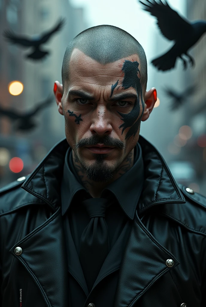 Tattod male model shaved head pointy mustache, soul pach, very visible glasgow smile scars, as a crow (comicbook and film caracter) in a dark and wett city crows flying in the becground