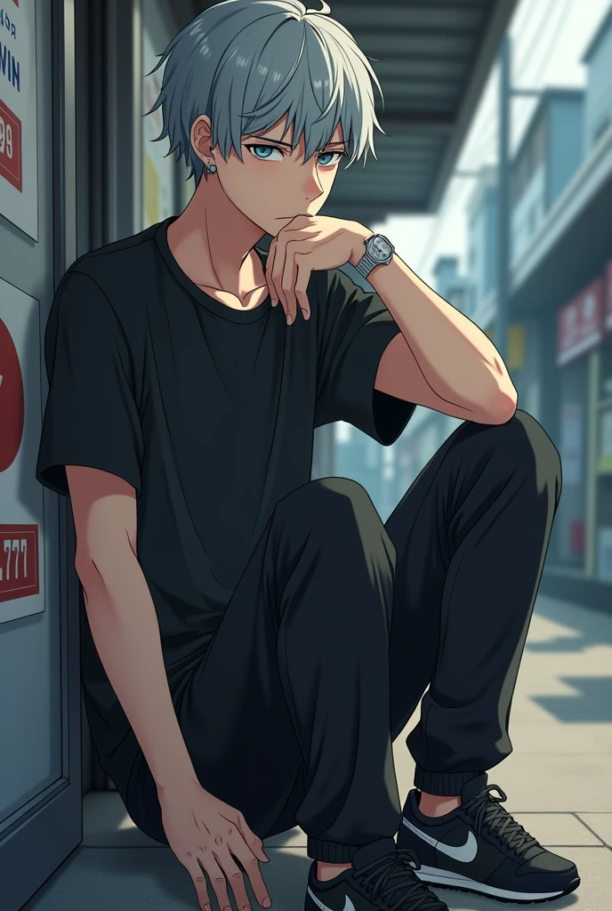 a 16 year old boy,in anime seinen style.
His appearance is Gray Hair, grayish blue eyes and light beige skin color.
wearing a black t-shirt, Black Pants and Black Nike Sneakers.
He's wearing small hoops in his ears, wearing a small silver watch on his left arm.
He is leaning against a wall of a convenience store.
And he has a cigarette in his mouth.